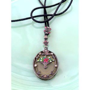 Antique Victorian Woven Hair Chain Sterling Glass Pendant Flower Basket Marcasit